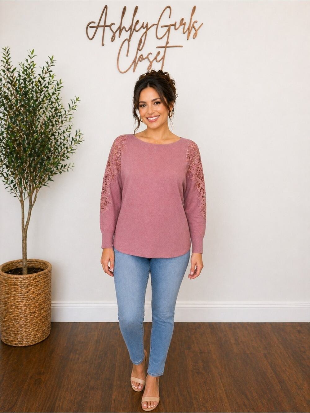 BRCH NY Pink Knit Sweater with Lace Sleeve Detail – Embellished Top (Size S)